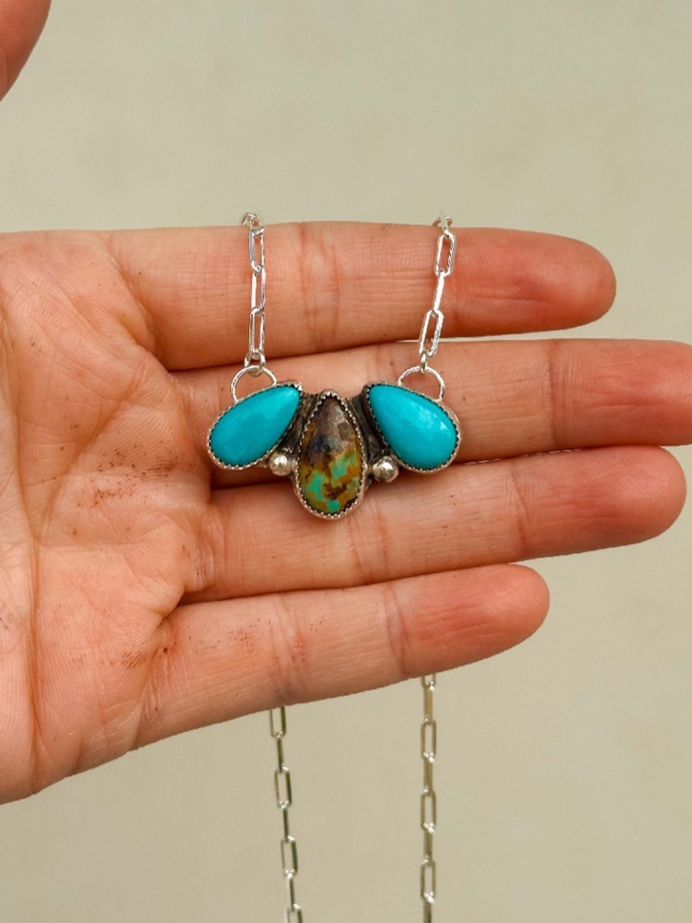 Royston Turquoise Three Stone Necklace Sterling Silver Handmade -Style 1